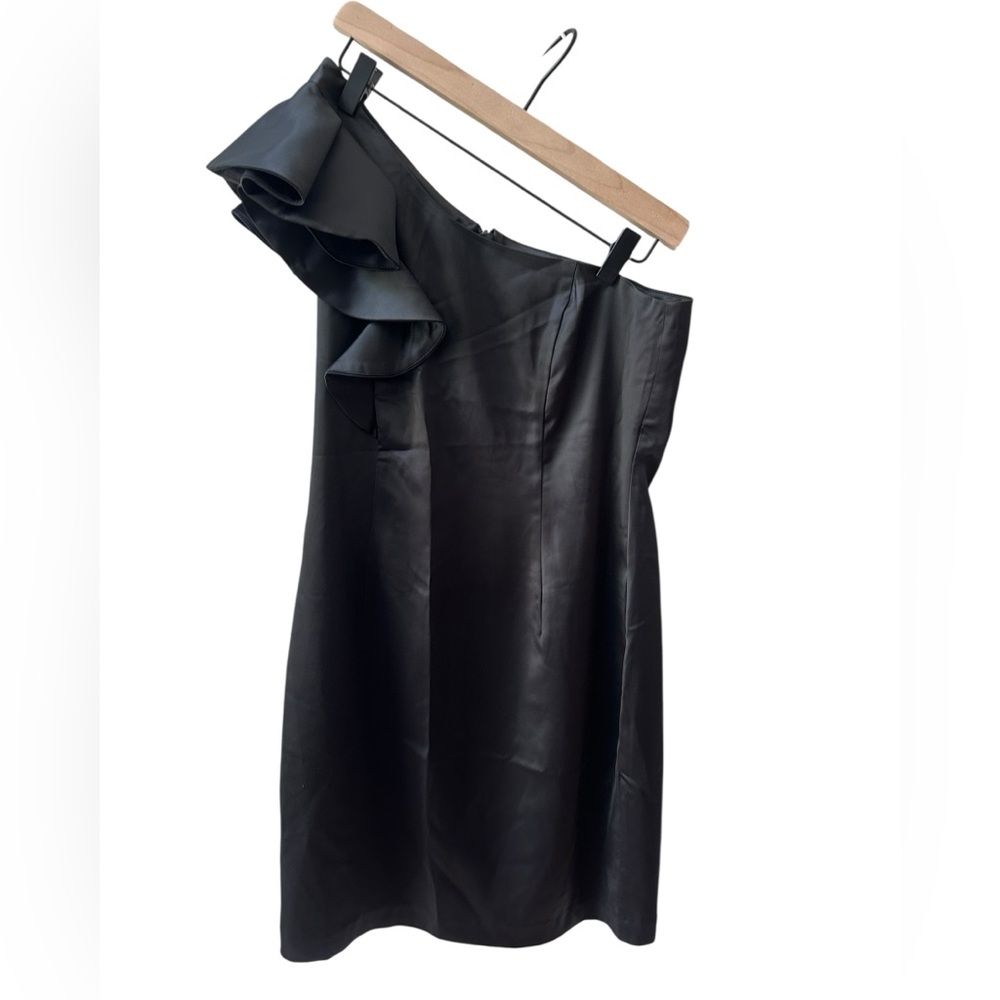 Bardot One-Shoulder Black Satin Mini Dress Sz 6 S Ruffle EUC